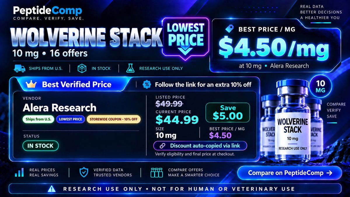 PeptideComp's tweet photo. 🔥 WOLVERINE STACK 10MG 
💰 $44.99 (reg $49.99)
✅ Just $4.50/mg
✅ In stock | Ships from U.S.
🎯 Save an extra 10% with coupon code: "PEPTIDECOMP"  when you follow this link
🔗 https://t.co/D7rnu7TGug
⚠️ Research use only.
#ad #PeptideComp #WolverineStack #ResearchPeptides https://t.co/nAuH5XJfPh