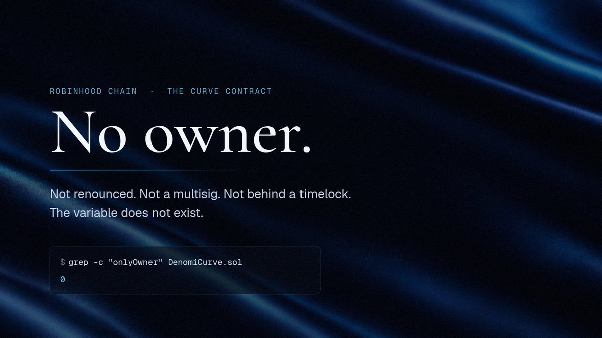 denomipad's tweet photo. A denomi curve has no owner.

Not a renounced owner. Not a multisig. There is no owner variable and no admin function in the contract at all.

Once your coin is deployed there is nothing we could do to it even if we wanted to. https://t.co/OdSB9QRQeM