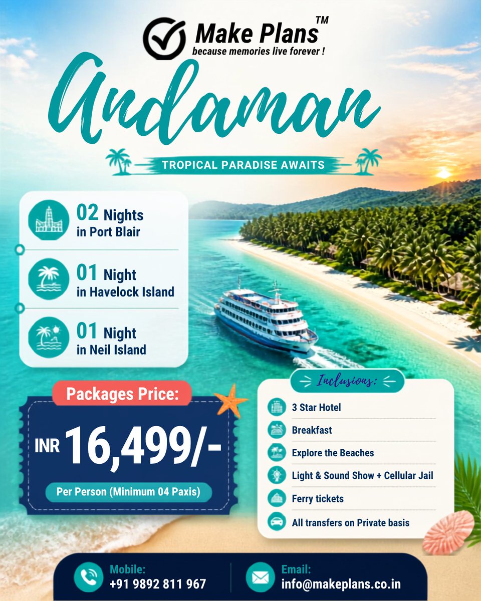 ElainaVendsr's tweet photo. 🏝️ ANDAMAN DREAM TRIP 🏝️
04 Nights / 05 Days
Port Blair 🚢 + Havelock Island 🏖️ + Neil Island 🌴
Radha Nagar Beach 🏆 | Cellular Jail 🔦 | Scuba Diving 🤿
Coral Reef 🐠 | Sunset Views 🌅
Paradise on Earth! ✨
Book Now: 📱 +91 9892 811 967
📧 https://t.co/H2P5jggxLT