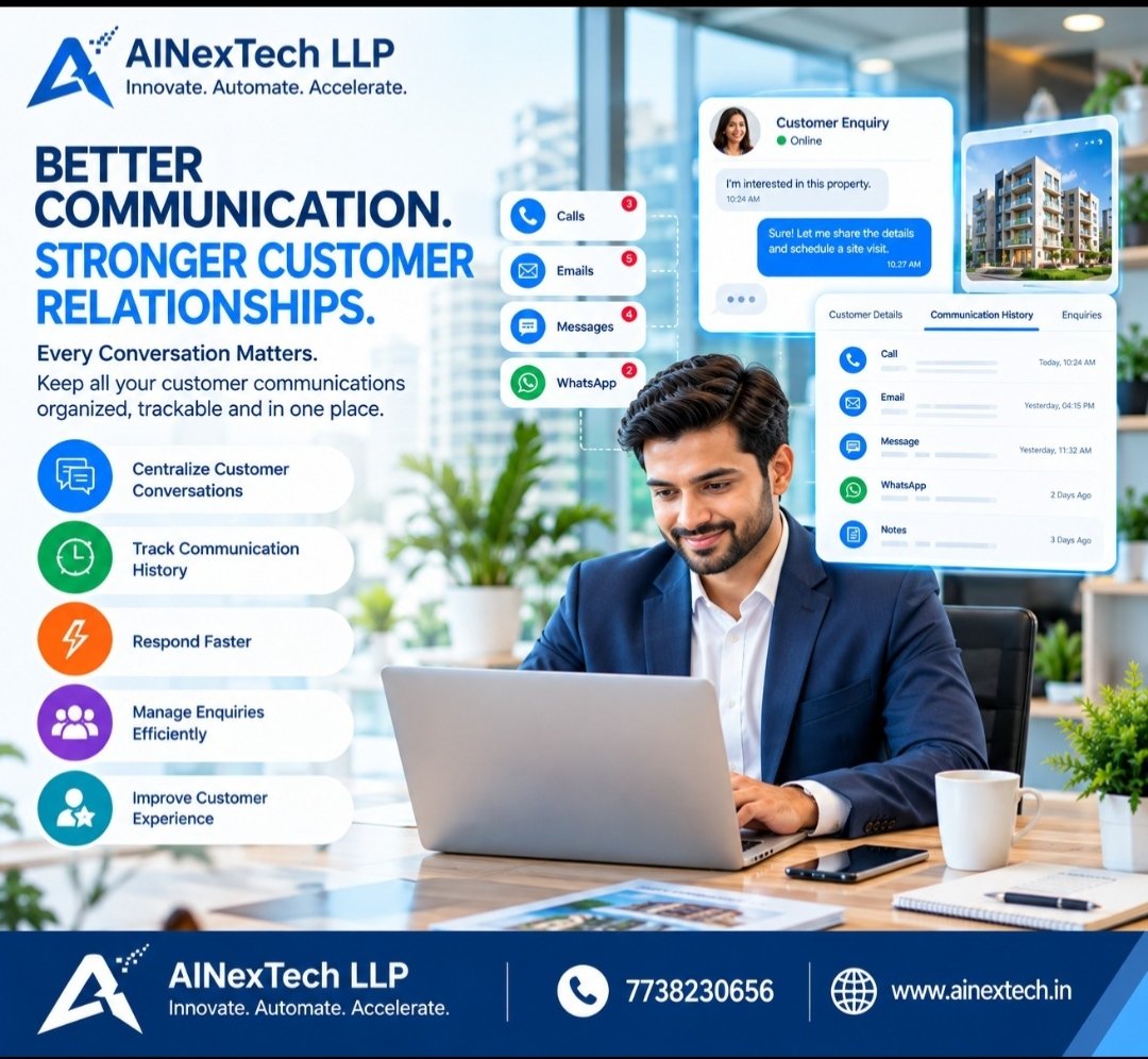 shiv1984_'s tweet photo. Every conversation matters. 💬
Keep customer communication organized, respond faster and build stronger relationships with a centralized communication system.
#AINexTech #CRM #RealEstate #CustomerExperience #RealEstateAgent #RealEstateAgency #RentalAgreementAgency https://t.co/zue32gdyao