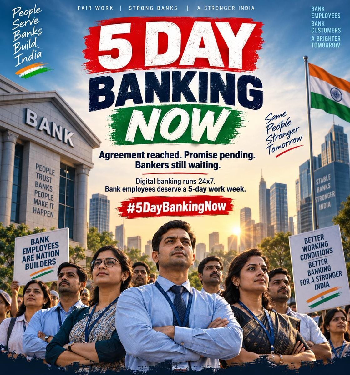 SHIVABHAMARE's tweet photo. Every 24x7 banking service has a banker behind it and a family waiting at home. We agreed to the 5-day week in March 2024 and accepted longer weekday hours. The regulator, the insurer and the Government all work 5 days.

Our demand is just. The delay is not.

#5DayBankingNow https://t.co/BQCAgzk5MX