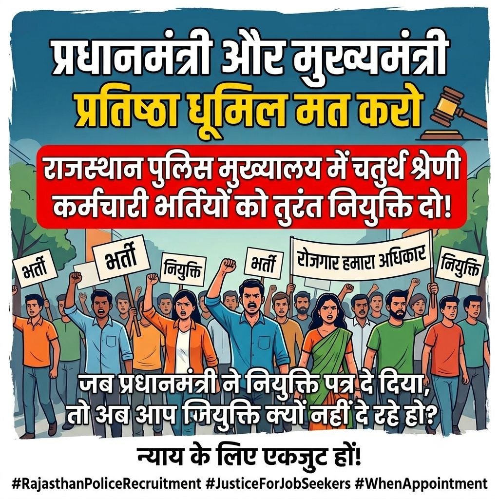 rjalrahul's tweet photo. चतुर्थ श्रेणी भर्ती परीक्षा में राजस्थान पुलिस महानिदेशालय (PHQ) को अलॉट हुए चतुर्थ श्रेणी कर्मचारियों को अब तक नियुक्ति नहीं दी  है। PHQसे विनम्र निवेदन तुरंत नियुक्ति आदेश जारी  करें।
@GovernorRaj @svoruganti1466 @RajGovOfficial
#PHQ_चतुर्थ_श्रेणी_नियुक्ति_दो @RajPoliceHelp https://t.co/LoiVHxWmNz