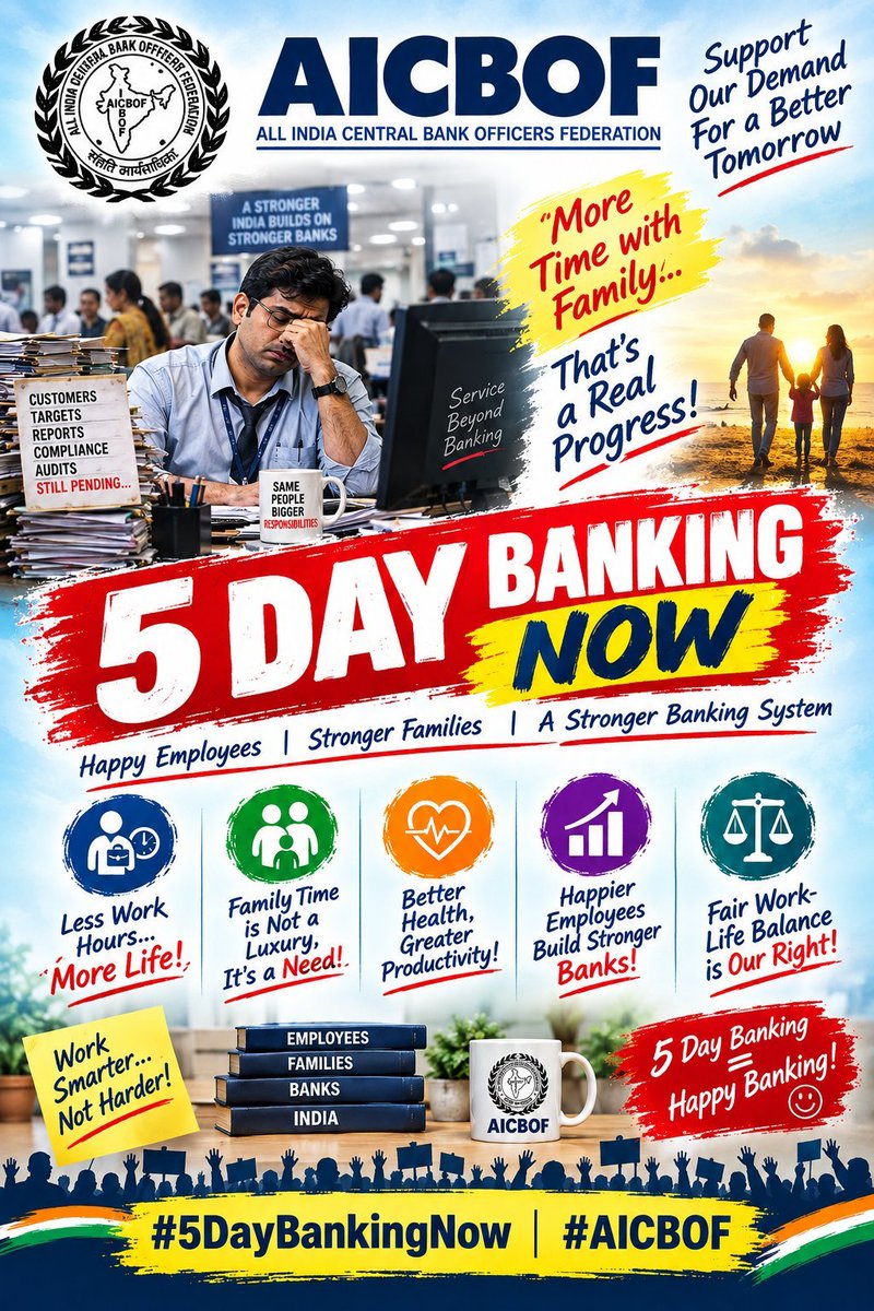 Raj9521's tweet photo. A 5-day work week in the banking sector isn't just about extra time off—it's about operational efficiency, employee well-being, and aligning with global standards.

#5DayBankingNow https://t.co/pzbMHxIIOQ