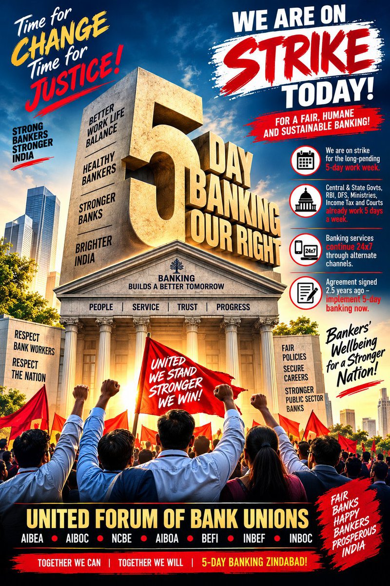 NigamBrahmbhatt's tweet photo. #5DayBankingNow 
The strength of a movement is measured not merely by one day’s response, but by the unity and determination sustained thereafter.

The successful All India Bank Strike has given fresh confidence to our collective struggle. Let us remain organised, disciplined and prepared for the next phase.

Our legitimate demands deserve a united and resolute voice.

#5DayWeekandFairPLI #PSUBanks #UFBU #AIBOC #FBOIOA
@fboioa_india @nilesh_pawar15 @aiboc_in @UFBUIndia