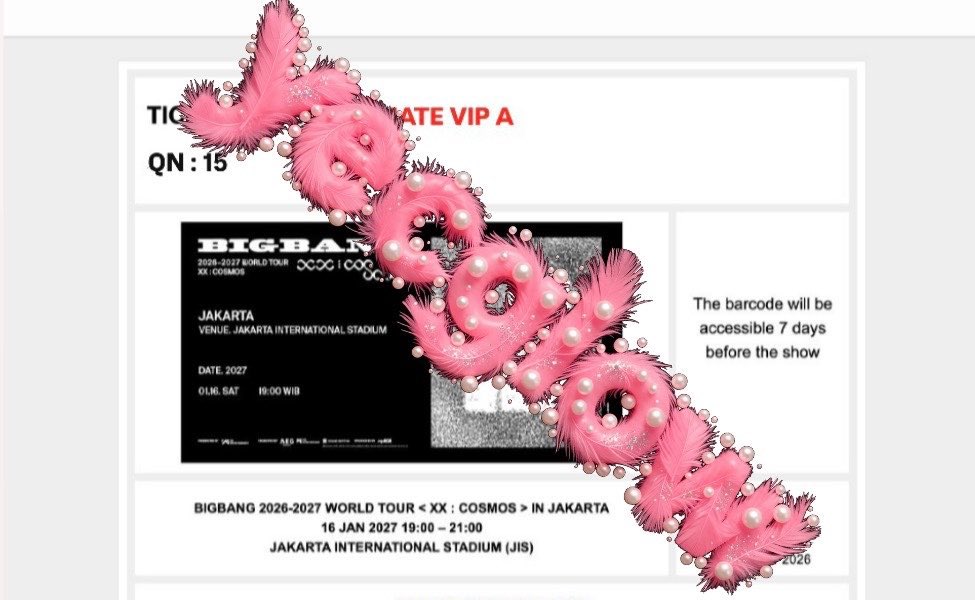 yeglowy's tweet photo. LAST CALL WTS TIKET BIGBANG WORLD TOUR < XX : COSMOS > IN JAKARTA 

ULTIMATE VIP A 
QN : 15 
PRICE : 7.8jt. 

  di jual karena pindah seating, ga sanggup standing. minat serius? dm ya. 

t.wts wtb ticket bigbang in jkt https://t.co/l83uhsTHaJ
