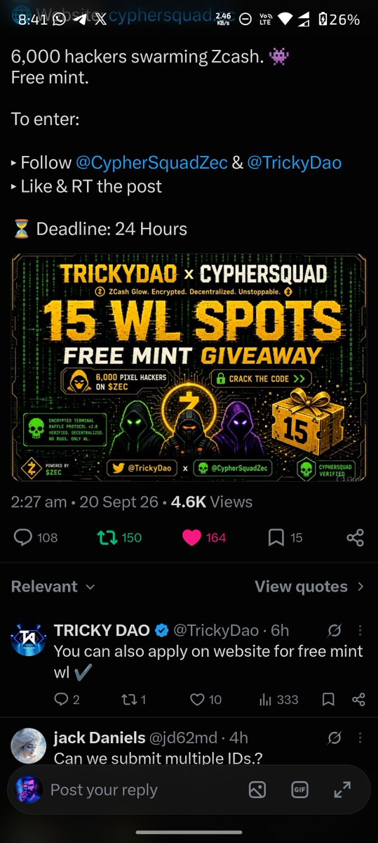 Crypto_GBK's tweet photo. @TrickyDao @CypherSquadZec Done https://t.co/TB98NgblEU