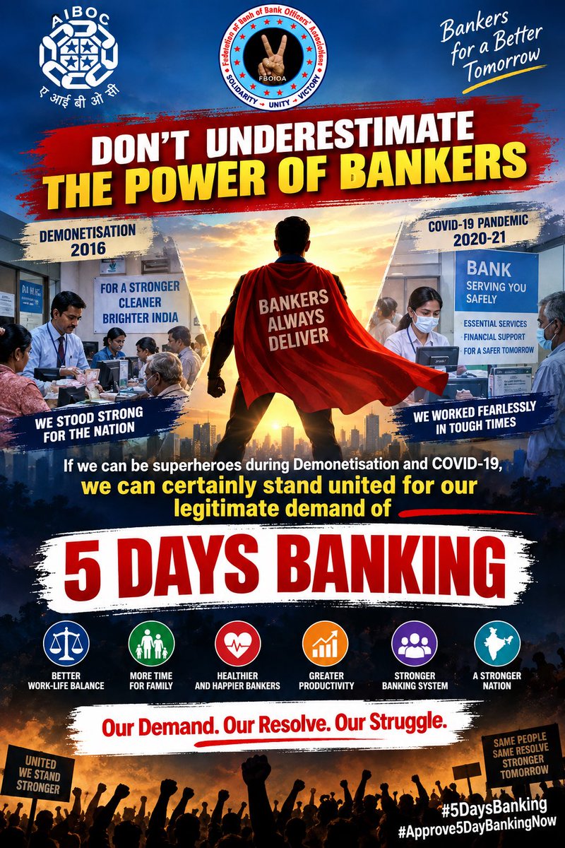 BOIOAMediaUPUTT's tweet photo. Don’t underestimate the power of bankers! 💪

We stood strong during Demonetisation &amp; COVID-19. Now we stand united for our legitimate demand of 5 Days Banking. ✊

 #5DayBankingNow @DFS_India @PMOIndia @BJP4India @nsitharaman @aajtak @the_hindu @narendramodi @fboioa_india https://t.co/54R4XwIAJW