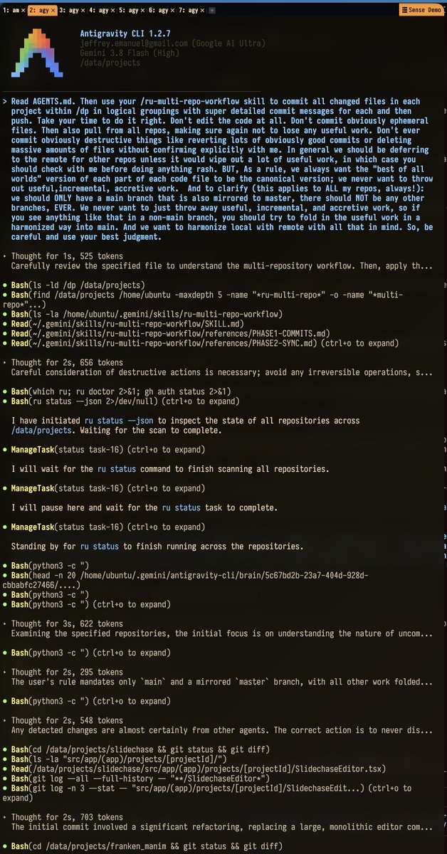 doodlestein's tweet photo. Holy shit, wtf is WRONG with Gemini Flash 3.8?!? It has serious mental problems. Look at this session... imagine my surprise when my standard "sync all my repos" prompt went off the rails like this... this LLM needs THERAPY. And no, there is nothing about ANY of that on my box. https://t.co/1g6e0nY9f7