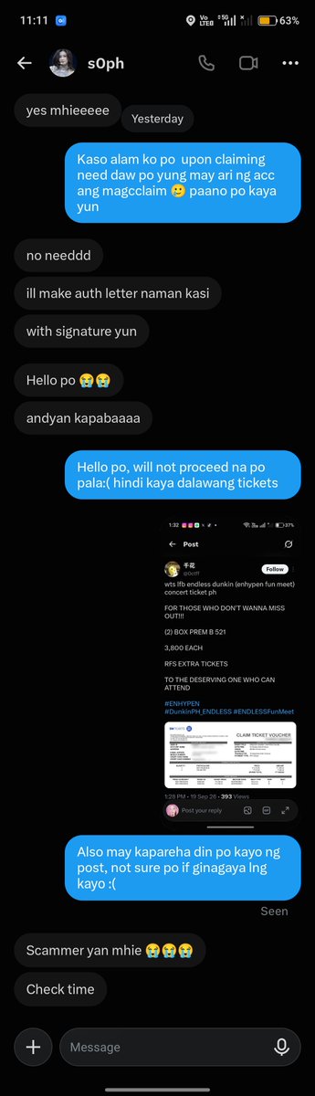Gyunog's tweet photo. @BTS_SCAMMERS @whatiskazy @thisisSCAMMERS @jstpyukmyrth @nichiktpa9i @ristixassist @ticketingbns @sophiesawenha Muntikan na mascam nung soph! I was so frustrated nung di ako nakasecure, buti nalang nakahint ako na parang sus sya kaya nagcheck ako ng other posts tapos yun nga! Buti nalang talaga 😭 https://t.co/bCukvuhR5Q