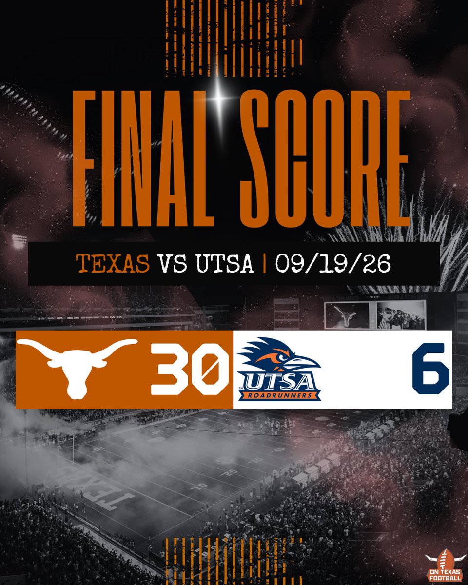 ontexasfootball's tweet photo. Ballgame, y’all. 🤘

Texas improves to 3-0 on the season after beating UTSA 30-6. https://t.co/FiqDxxmPqK