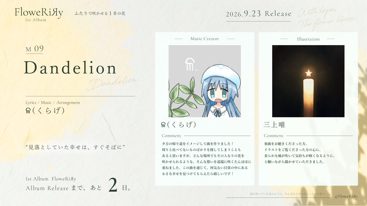 FloweRiRy_staff's tweet photo. 1st Album『FloweRiЯy』
9.23 Release 💐

この花々が届くまで、あと2日。

今日の一曲は
「Dandelion」

Music：ଳ（くらげ）（ @unnamed_155 ）
Illustration：三上唯 ( @mikamiyui_x )

#ノゾミ
#FloweRiRy #ふわりり https://t.co/KGcjHurXZ6