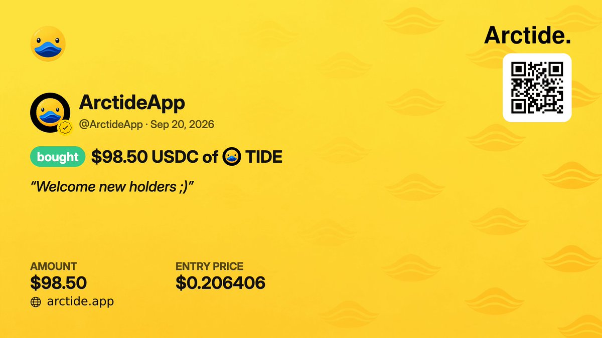 ArctideApp's tweet photo. A warm welcome to our new holders 💛

50,000 $TIDE just burned. Another 5.0% of the original supply. (15% total)

We’re the @Arc tide 🌊

QUACK QUACK https://t.co/NjxGKiq3Mo