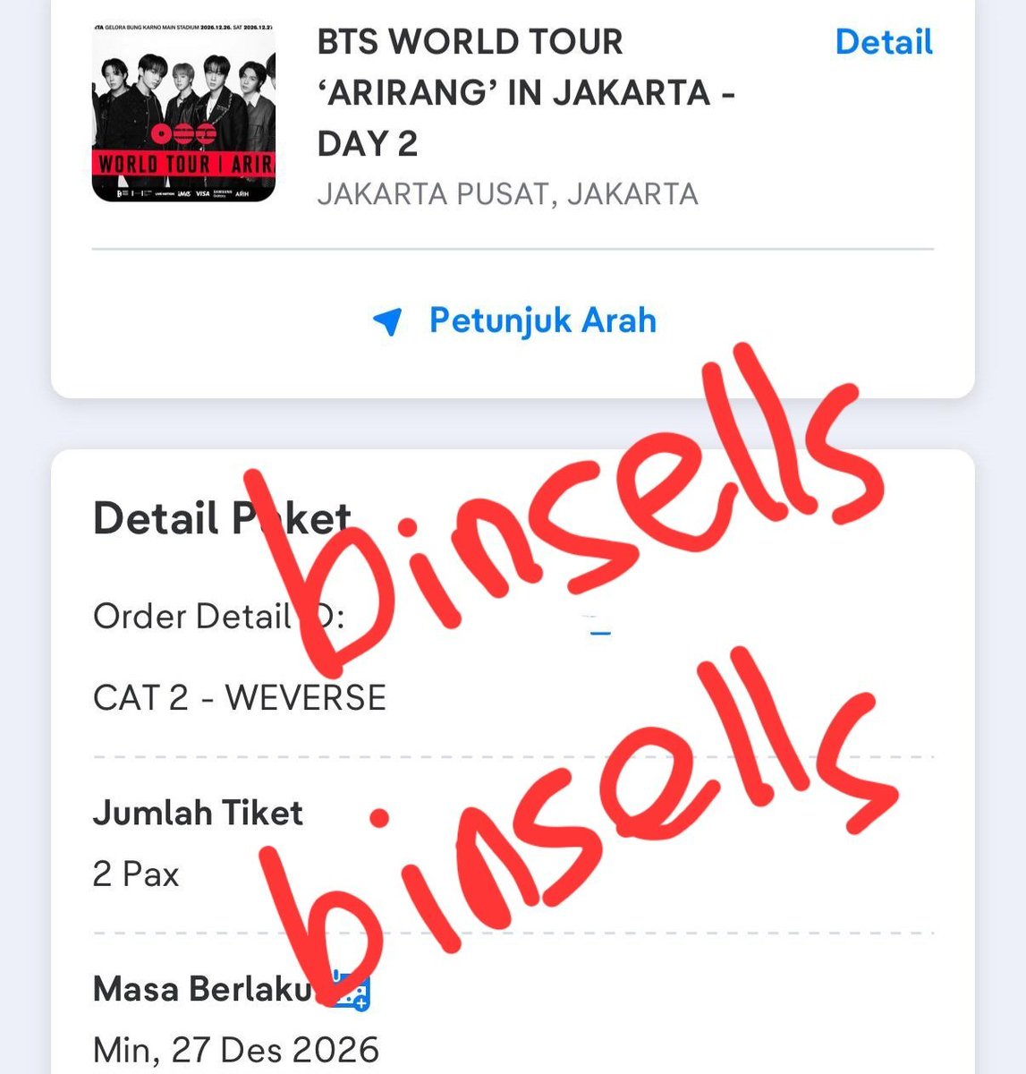 binsells's tweet photo. wts want to sell tiket BTS Arirang Tour Jakarta

DAY 2 - Cat 2
(Presale | Weverse | Membership)

💸 3,000k (mahal karna aku beli di awal 4,500k...🥲)

trusted dan no scam yaa, boleh tukeran IG dan WA, bisa dm buat info lebih lanjut🫶 https://t.co/QI36jk9eWP