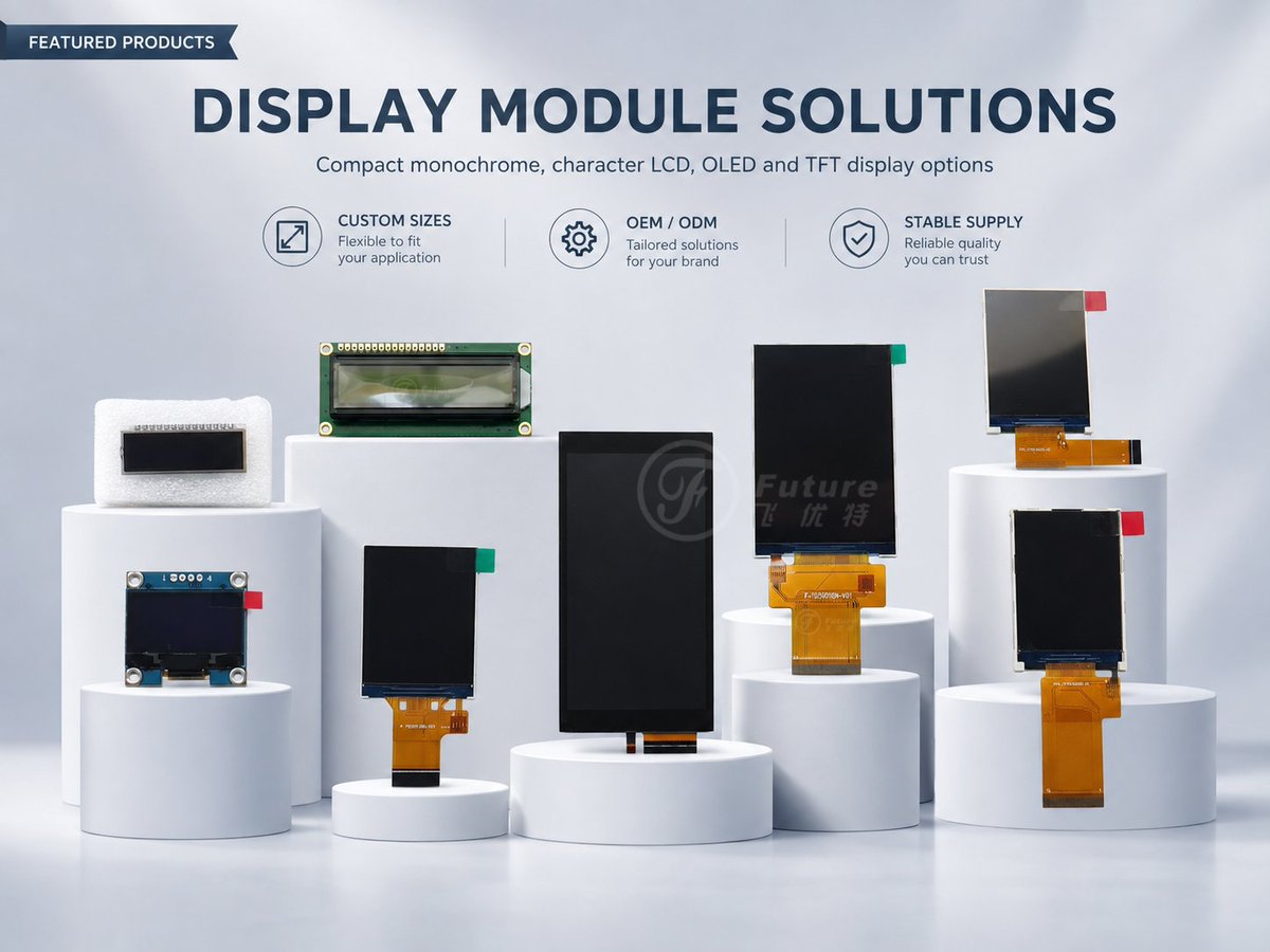 FUTURELCD's tweet photo. Different products need different displays. From monochrome and character LCDs to OLED and TFT, we support custom sizes, engineering reviews and stable production. #LCDDisplay #TFTLCD #Procurement https://t.co/D8vyDaP0B1