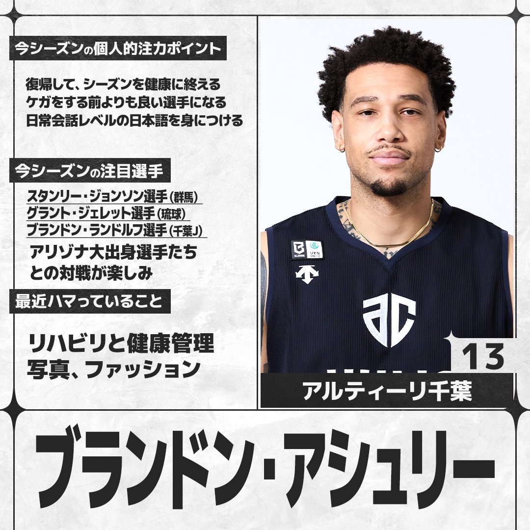 sn_basketball's tweet photo. ／
#Bリーグ 開幕まであと2日🏀
＼
B.PREMIERの選手にアンケートを実施。各選手の回答をお届けします！

#アルティーリ千葉 #ブランドン・アシュリー（@altiri_chiba）

全選手の回答はこちら👇
https://t.co/8jfCDYeTKe https://t.co/xLTR6YfjI2