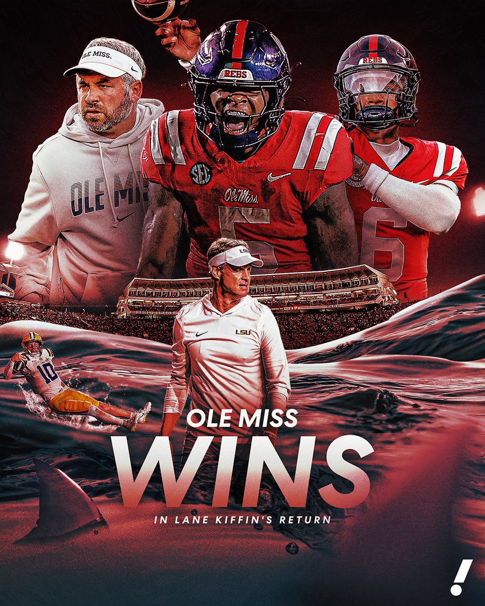YahooSports's tweet photo. OLE MISS HANDS LANE KIFFIN AN L IN HIS RETURN TO OXFORD 🦈

The No. 8 Rebels held off a furious LSU second-half comeback to beat the No. 7 Tigers at home 🔥 https://t.co/EhXwPbtS74