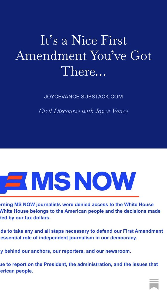 JoyceWhiteVance's tweet photo. In a 1977 decision, the Court of Appeals for the DC Circuit held: “Although the White House is not required to open its doors to the news media, once it establishes press facilities for credentialed journalists, it cannot deny access based on the content of a journalist’s coverage.” Trump’s social media post makes it clear that is precisely what he is doing. https://t.co/Oaen2huNUZ