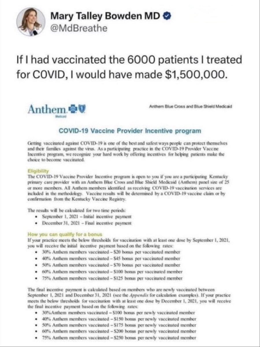 liz_churchill10's tweet photo. Exceptional integrity 🏆

Dr. Mary Bowden treated 6,000 covid patients and walked away from $1.5 million in vaccine bonuses from the Pharmaceutical Cartel https://t.co/EJaAZhv55A