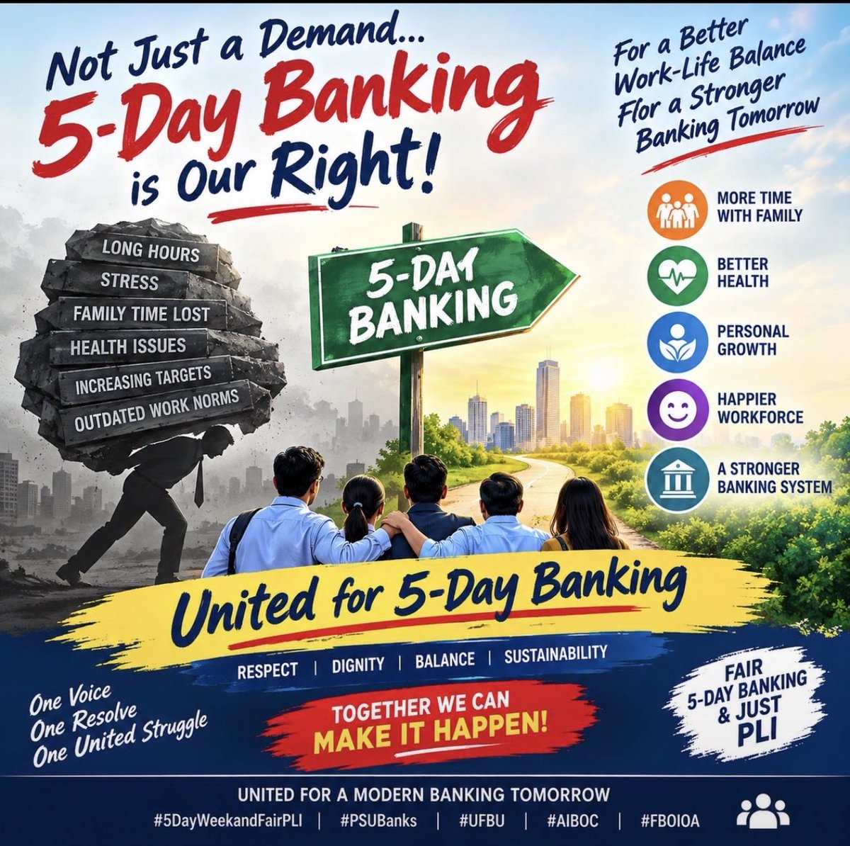 Nanda_jii's tweet photo. Behind every counter is a banker.
Behind every banker is a family.

Five-day banking means better work-life balance without compromising the banking services agreed through extended weekday hours.
#5DayBankingNow 
#AIBOC #AICBOF #UFBU @PMOIndia @aiboc_in @IndiaOfficers https://t.co/kuuj3s54TQ