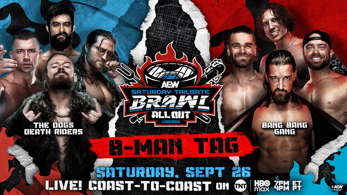 AEW's tweet photo. #AEWTailgateBrawl Sat 9/26 7e/4p
@JayWhiteNZ/@The_Ace_Austin/@theaustingunn/@coltengunn vs Daniel Garcia/@WheelerYuta/@ClarkConnors/@THEdavidfinlay
After weeks of war w/ The Dogs &amp; Death Riders, Bang Bang Gang issued a challenge! They will collide at the Tailgate Brawl, Saturday! https://t.co/8vpAa37ids