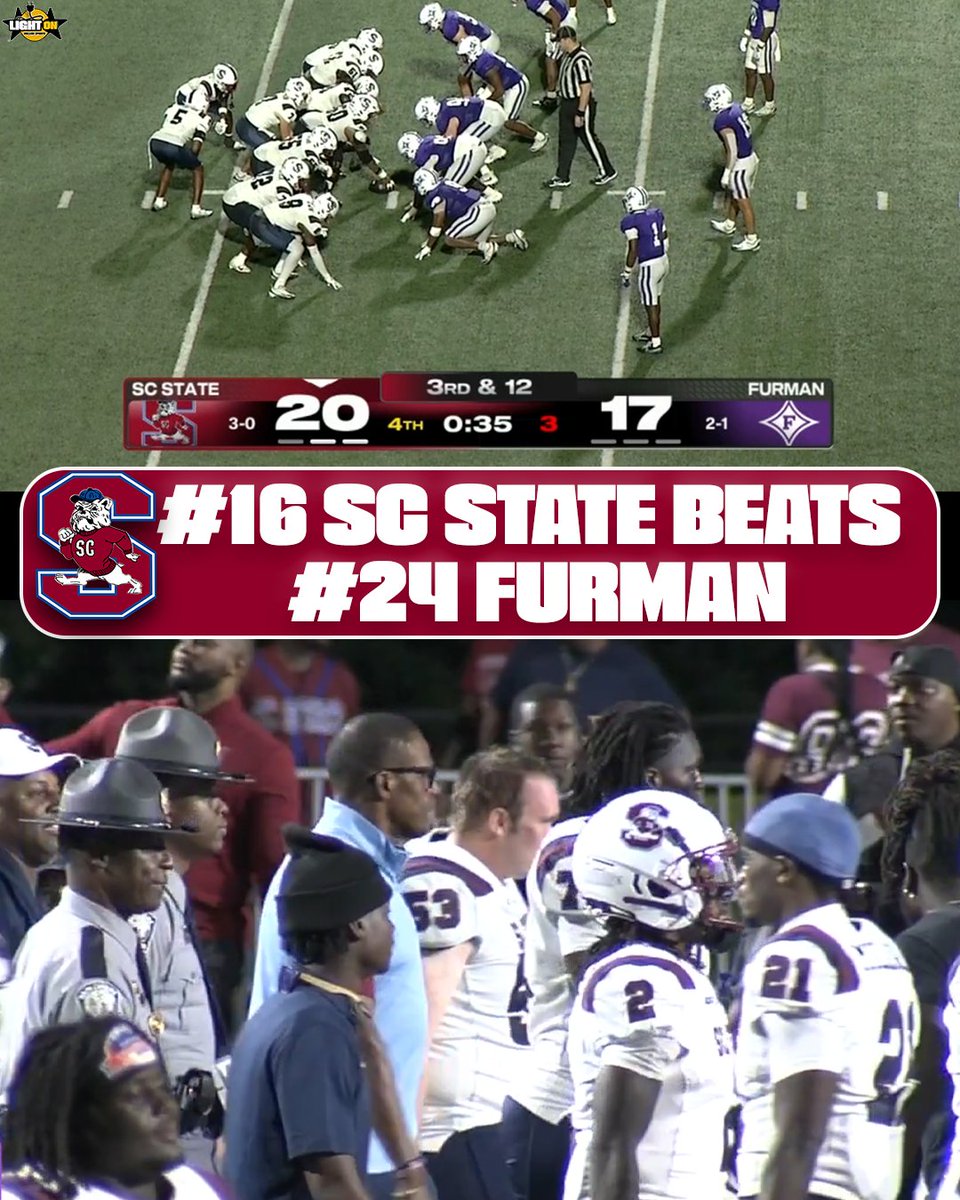 LightOnSports's tweet photo. No. 16 South Carolina State improves to 4-0 with a 20-17 win over No. 24 Furman 🐶🔥

@SCState_Fb https://t.co/zGnnuVEq94