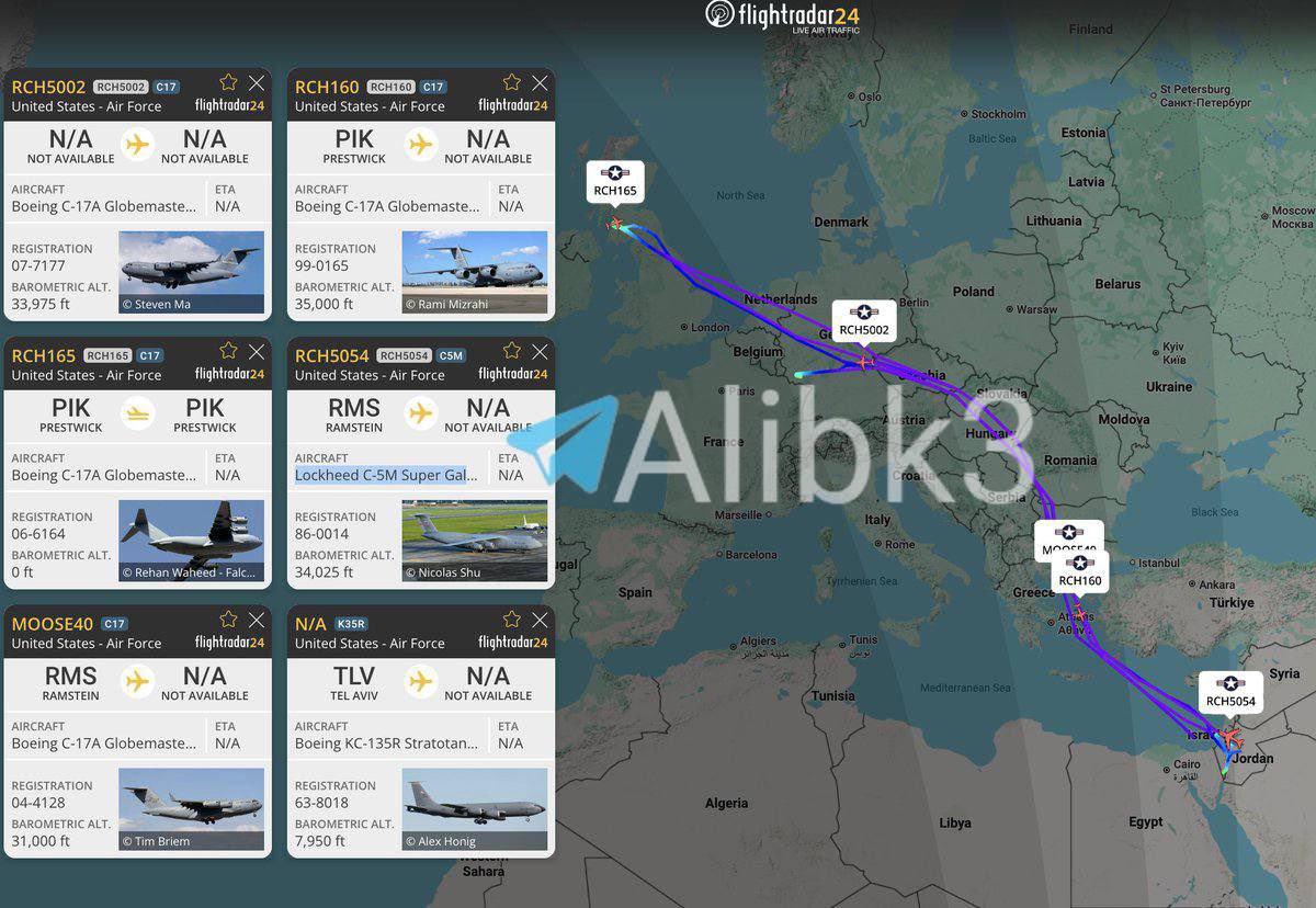 WW3_Monitor's tweet photo. U.S. military transport aircraft, including C-17s and C-5s, as well as KC-135 refueling aircraft, have been observed heading towards the Middle East. Some of the refueling aircraft were spotted in Tel Aviv in recent days

🇺🇸🇪🇺‼️‼️‼️‼️‼️‼️‼️‼️‼️‼️‼️‼️‼️ https://t.co/wcTZyOKz4f