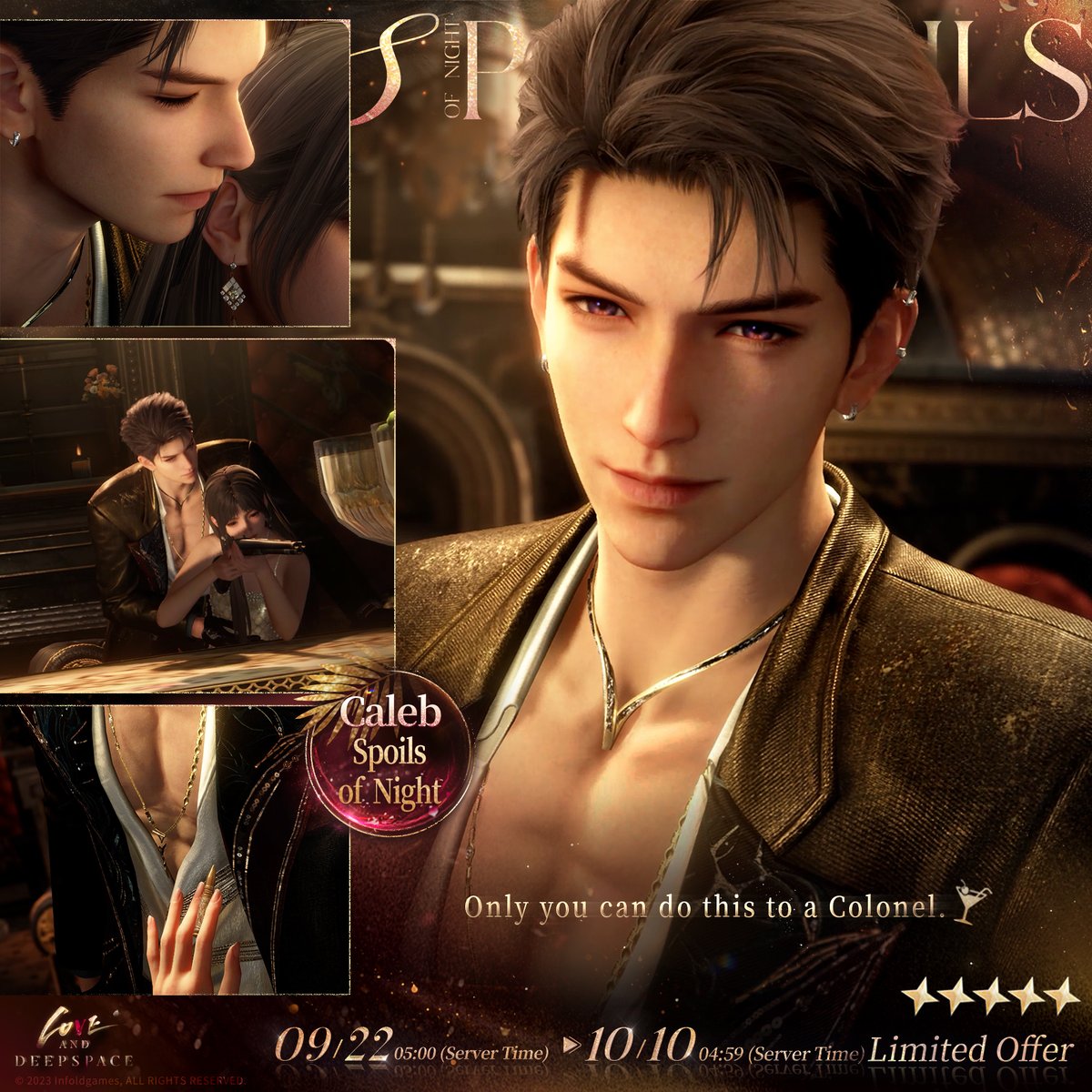 Love_Deepspace's tweet photo. Love and Deepspace | New Interactive 5-Star Memory 🥂[Caleb: Spoils of Night]

At the banquet celebrating him as the new fleet's Colonel, congratulations fill the air—but so do hidden schemes and looming danger.
A rifle once aimed at birds now sits in your hand as a trophy. How to use it… He'll show you.
"Only you can do this to a Colonel."

🥂Event Duration: From 05:00 on Sept. 22 to 04:59 on Oct. 10 (Server Time)
———
🪐Official Discord: https://t.co/hKmnBAbbgu
🪐Download and Log in Now: https://t.co/bNEP8yM6bZ
#LoveandDeepspace #ANightThatNeverEnds #Caleb