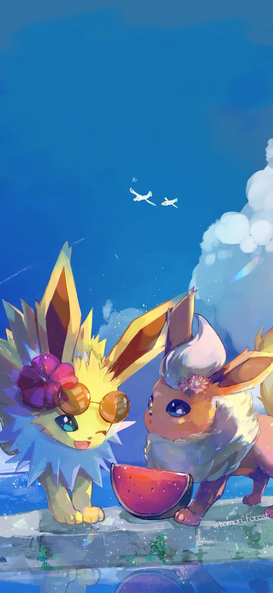 tomori_forest's tweet photo. 夏のブイズまとめ🌻
待ち受けサイズにしてみました！

#Pokemonartㅤ 
シャワーズ　サンダース&amp;ブースター　イーブイ　ブラッキー
ブイズ全員描けなかったけど秋のイラストで描きたい🍁 https://t.co/v2X3Vskoui