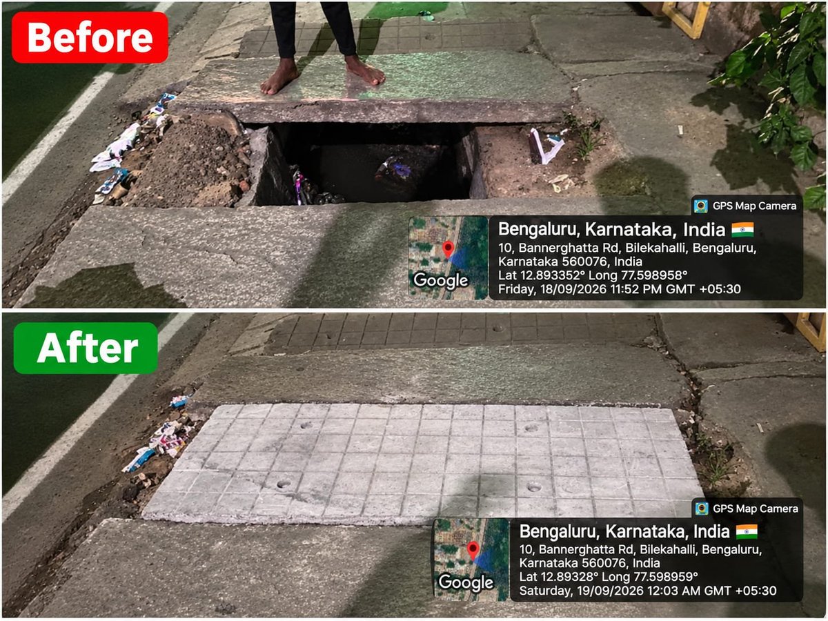 krishnabgowda's tweet photo. Seeing the problem is only the first step. Acting on it is what matters.

Following the night inspection two days ago, action has already begun on the issues identified along Bannerghatta Road.

#BetterBengaluru https://t.co/6jQjEN087x