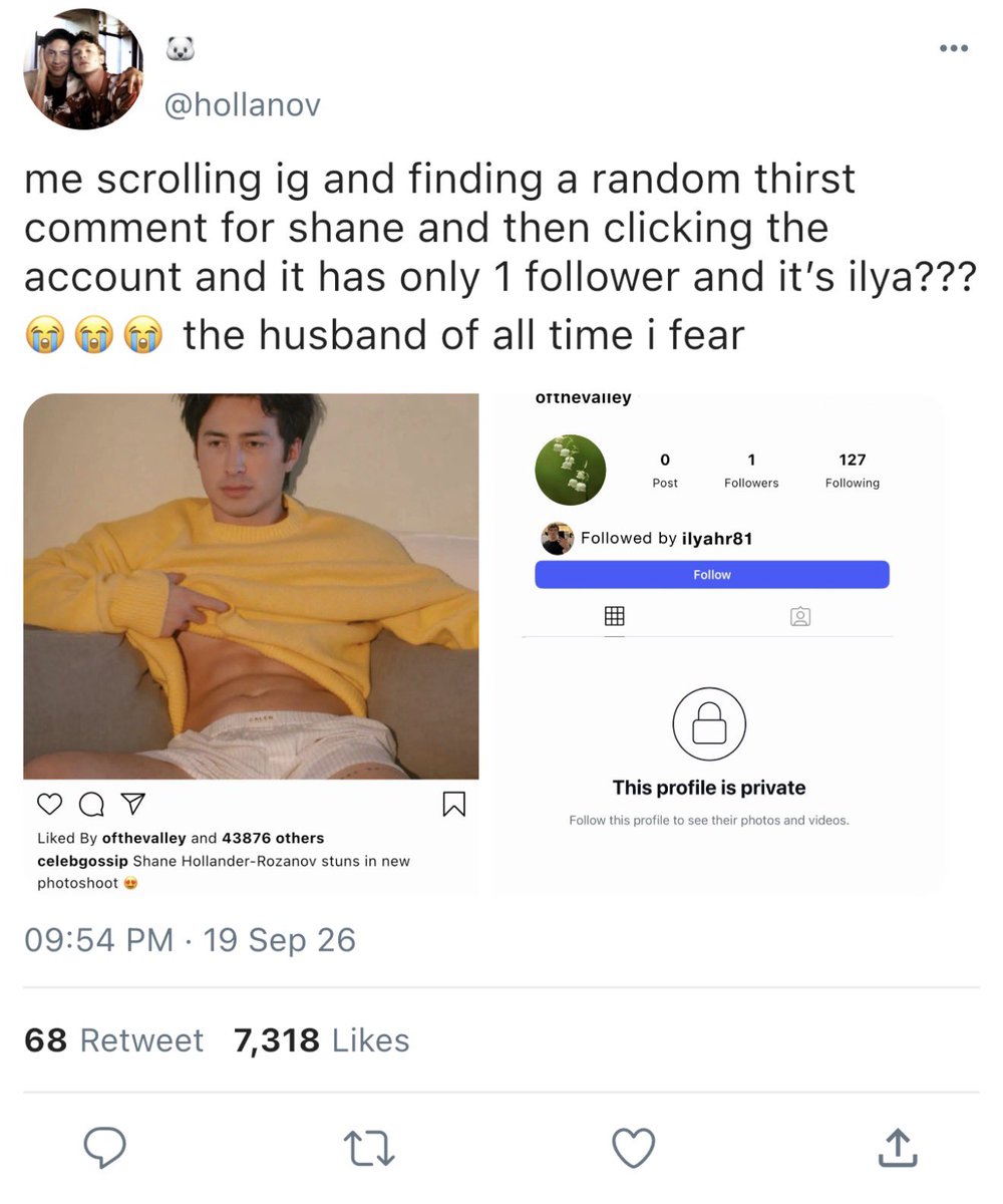 rawrzanov's tweet photo. short hollanov smau where ilya has a burner account on ig and he gets found out bc he’s the only follower 🩷 (inspired by channing tatum)  1/2 https://t.co/HsE4f7mRkf