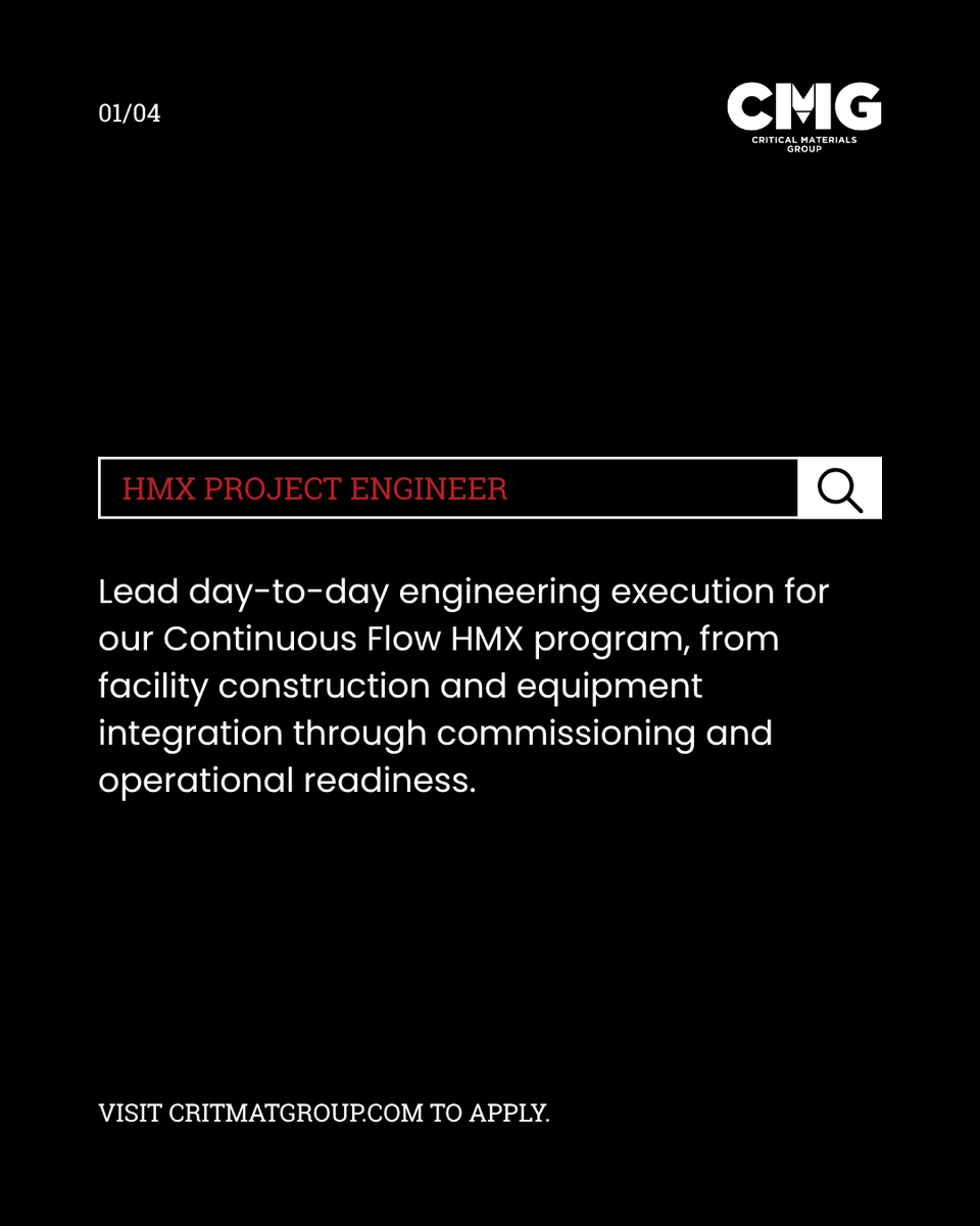 critmatgroup's tweet photo. Following our Seed round, Critical Materials Group is hiring for nearly 20 roles across executive, government, growth, legal, operations, production, and programs.

A few of our open positions include:

- Director of Operations
- Safety and Compliance Officer
- HMX Production Engineer
- Senior RDX Project Engineer

If you're passionate about eliminating single points of failure in military-grade explosive materials supply, we'd love to hear from you. Apply for any of our roles today: https://t.co/ep5CyhxpLd
