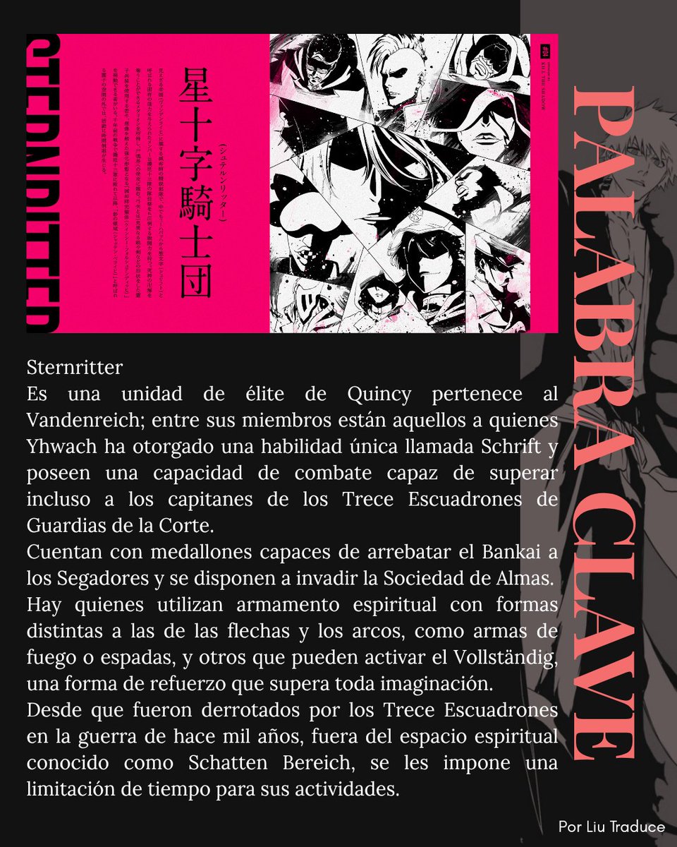 LiuTraduce02's tweet photo. Traducción de los  "keywords" o palabras clave del anime de Bleach TYBW.
Parte 2
#BLEACHㅤ 
#bleachTYBW https://t.co/O76aWAfKBD