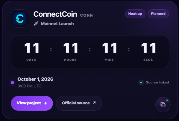chainquiry's tweet photo. Caught the ConnectCoin mainnet countdown at 11:11:11:11 👀

11 days to go until mainnet. 

Couldn’t have timed that screenshot better.⏳ 

Track it live on Chainquiry:
 https://t.co/icpGwLedx0

$CONN #CONN @connectcoincc https://t.co/PIuAzpqGXh