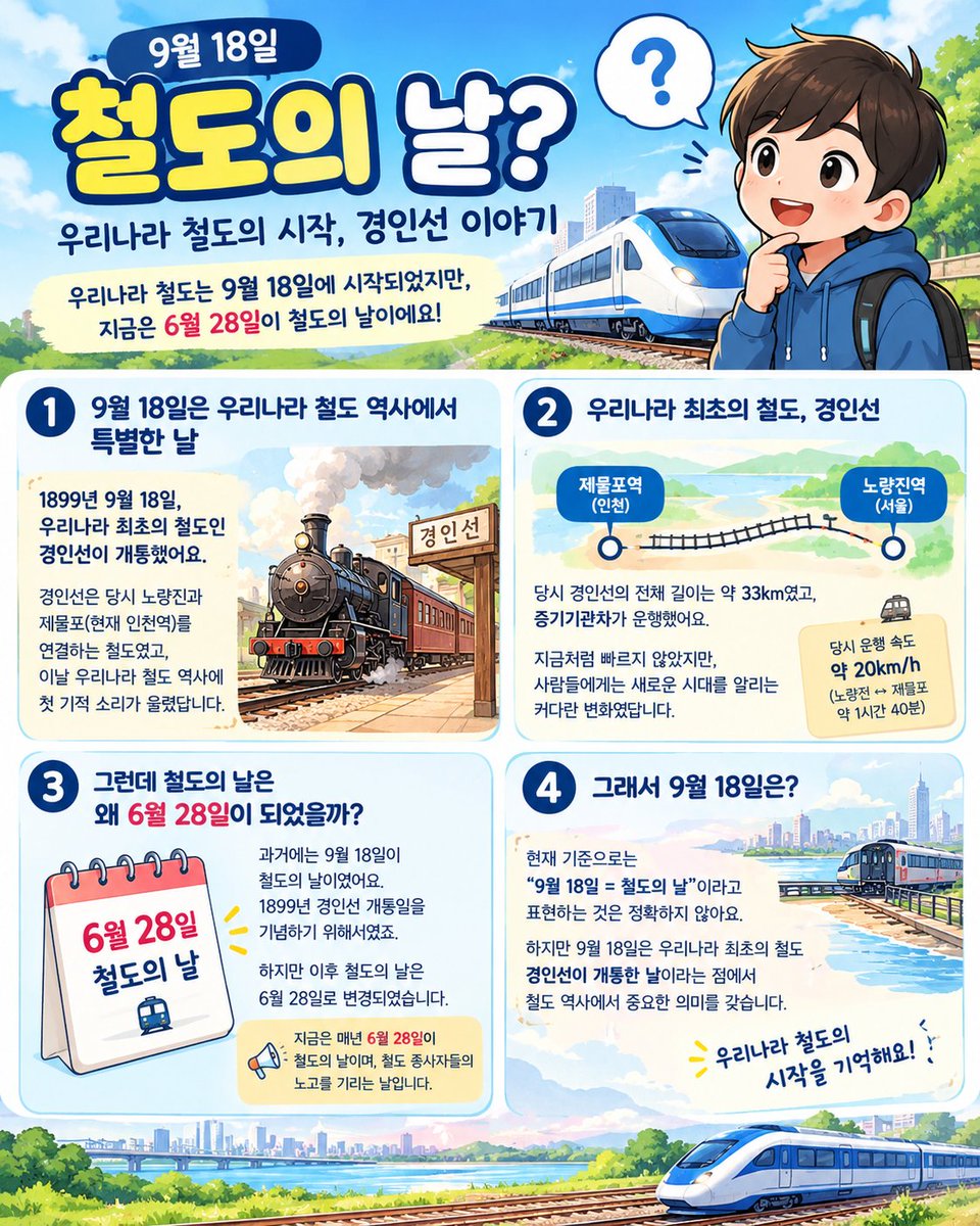newrangx's tweet photo. 우리가 몰랐던 철도의 날의 비밀: 왜 6월 28일로 변경되었을까?

과거 1964년부터 2017년까지, 대한민국은 매년 9월 18일을 철도의 날로 기념해 왔습니다.
1899년 9월 18일: 한국 최초의 철도인 경인선 개통일
최초의 기차가 달린 날이라는 상징성 때문에 오랫동안 철도의 날 기준으로 삼았습니다. https://t.co/K2LHcP5Y8M