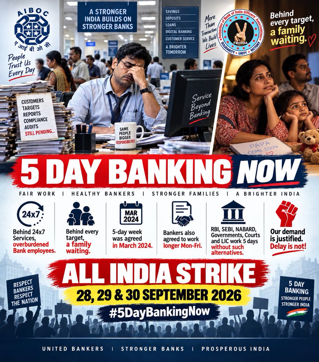 BOIOAMediaUPUTT's tweet photo. Bankers keep the economy moving 24×7-now it’s time for a fairer work-life balance.

✊ 5 DAYS BANKING NOW!
📢 ALL INDIA STRIKE: 28, 29 &amp; 30 SEPT 2026

Our demand is legitimate.
Our unity is strong.
Delay is not!

#5DayBankingNow @PMOIndia @DFS_India @nilesh_pawar15 @rupamsmail https://t.co/znP9yWZtBB