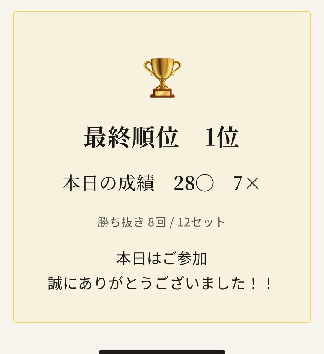Hirame_'s tweet photo. 勝手にこたえ場in浜松でした。
各セット1抜けはほとんどなかったですが、しれっと2,3抜けを積み上げた結果、なんと優勝！
これは嬉しすぎる！ https://t.co/bLVmBMW9GB