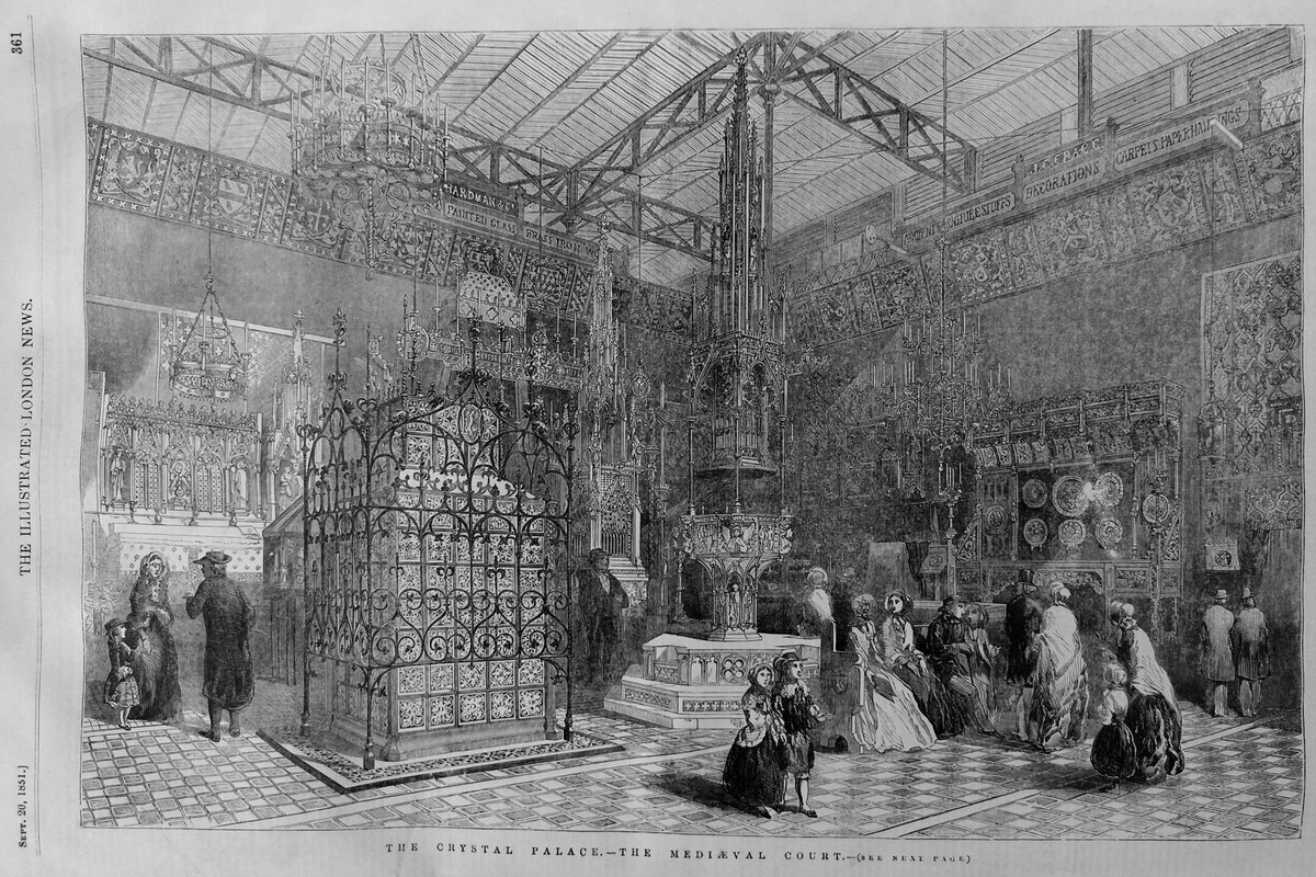 HookedWit's tweet photo. This engraving of the Great Exhibition's Medieval Court was in the Illustrated London News 175 years ago today. The font (centre image) is now at St Augustine's Ramsgate; the tabernacle (behind/left of font) is now at Southwark Cathedral. https://t.co/tqtVY1grZe