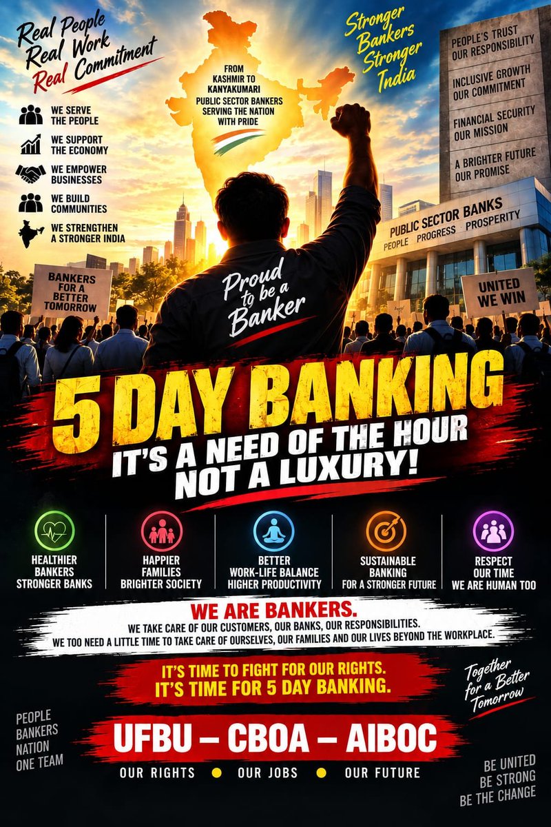 anilkkblr's tweet photo. @aiboc_in 5-DAY BANKING IS A RIGHT, NOT A PRIVILEGE!
Indian bankers deserve work-life balance, dignity, and quality family time. After years of commitment to the nation, it's time to end the 6-day banking legacy.
5-Day Banking NOW! No more delays!
United we stand, determined we fight! https://t.co/v1x6TtJf0p