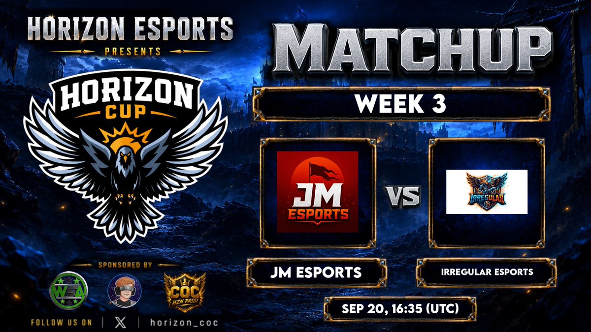 IRG_IRREGULAR's tweet photo. MATCHDAY! ⚔️  
We face JM Esports today in Horizon Cup — Week 3! Time to bring our best. 🔥  
🗓️ Sep 20, 16:35 UTC
⚔️ Irregular Esports vs JM Esports  
Wish us luck! 🛡️
#ClashOfClans #Esports #HorizonCup https://t.co/m5tAKtiix7