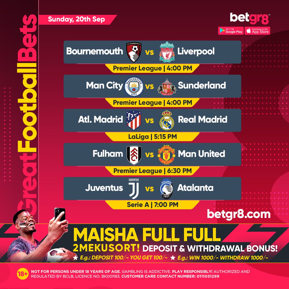 betgr8ke's tweet photo. Sunday is LOADED! B'mouth ๐ Liverpool, City ๐ Sunderland, and the Madrid derby, all in our top 5 picks! Tap in and place your bets with ZERO Deductions
Bet Here ๐ฒ https://t.co/JeSGIfnN5H
18+ | Play Responsibly | T&Cs apply
#betgr8 #begr8 #Football #HighOdds #MaishaFullFull https://t.co/XYel2Q1hbT