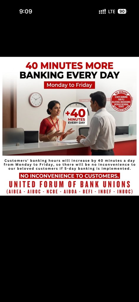 ptdrvaibhav's tweet photo. #5DayBankingNow We demand 5-Day Banking with 40 minutes more time every day to ensure no inconvenience to our beloved customers. Implement 5-Day Banking Now and demand uniform and Fair PLI. https://t.co/b5oxGIyEG7