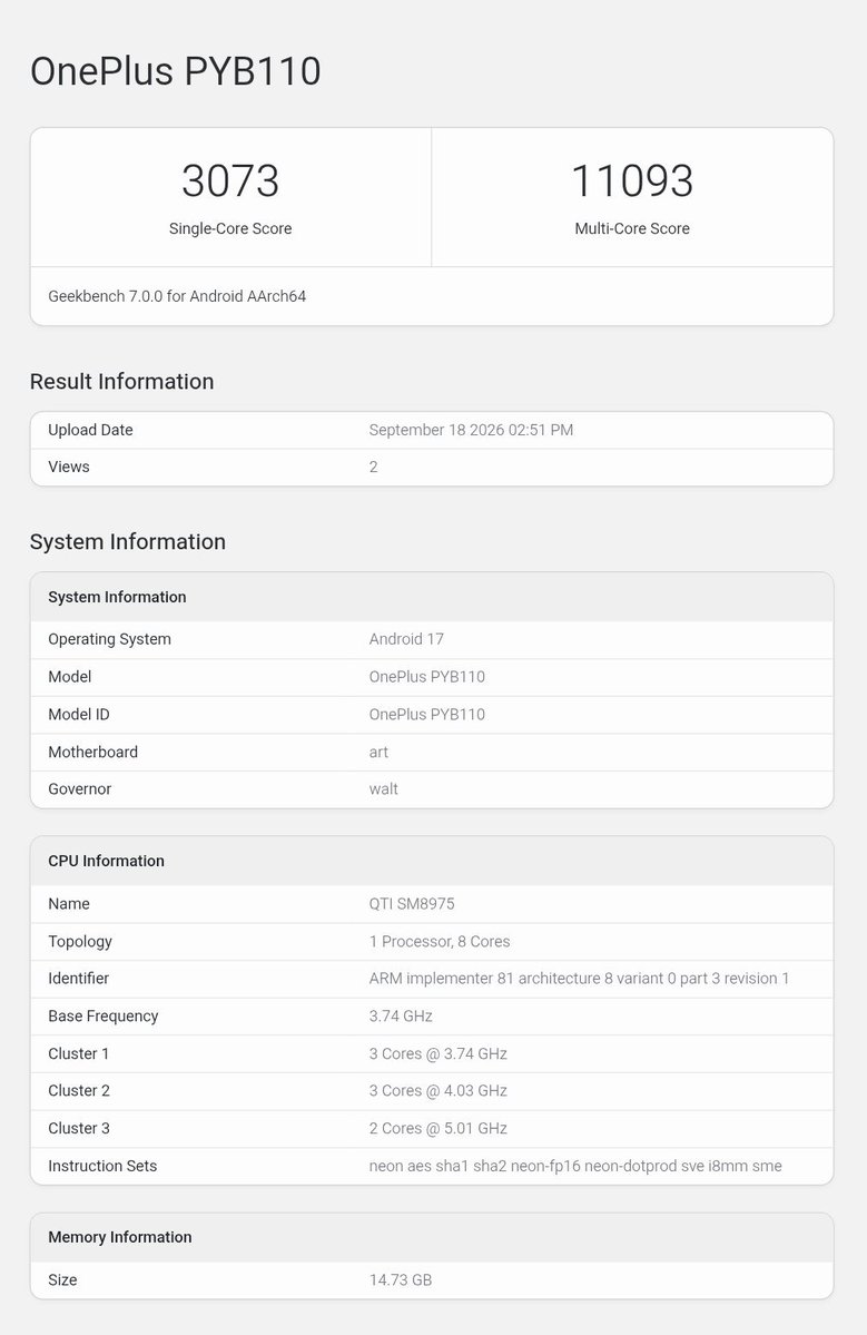 A_SharmaTech's tweet photo. OnePlus 16 is showing some serious numbers on Geekbench 7. 👀🔥
🐉 Snapdragon 8 Elite Extreme Gen6 (2nm)
⚡ 2× 5.01GHz
⚡ 3× 4.03GHz
⚡ 3× 3.74GHz
📊 Single-core: 3000+
📊 Multi-core: 11,000+
The performance game is about to get interesting. 🚀
#OnePlus16 #OnePlus https://t.co/8TqDuUNuzO