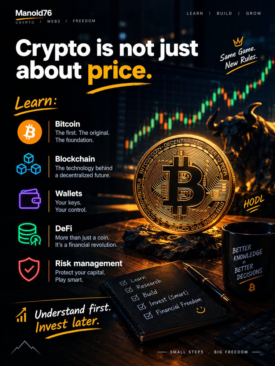 manold76's tweet photo. Crypto is not just about price.

Learn:
• Bitcoin
• Blockchain
• Wallets
• DeFi
• Risk management

Understand first. Invest later. ₿ https://t.co/HwwEfroDaA