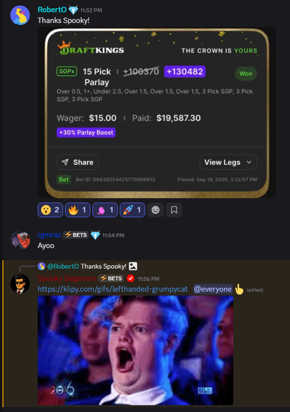 SpookyDeGenaro's tweet photo. Incredible things happening at Nuke Sports Betting Discord. I can't believe he threw $15 on the 15-legger lmao 😂 https://t.co/pDcAnvS6Do