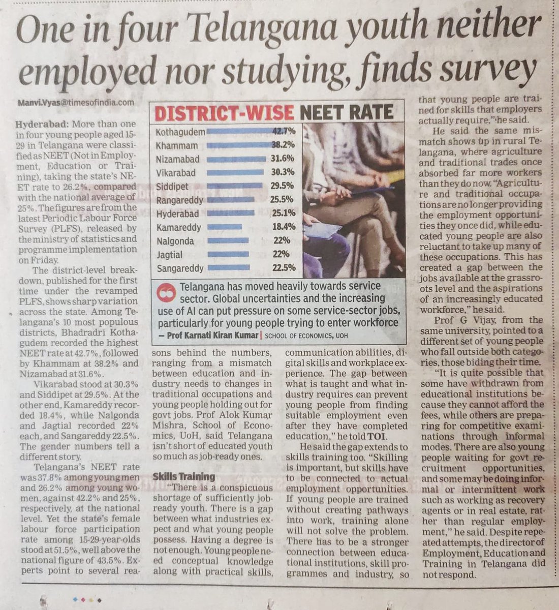 KumarHcu's tweet photo. Today my opinion is quoted along with Prof. R Vijay and Prof.Alok Mishra of School of Economics,UOH in Times of India English News Paper on the NEET (Not in employment, education and training) released by PLFS. https://t.co/yL4AGmsPDP