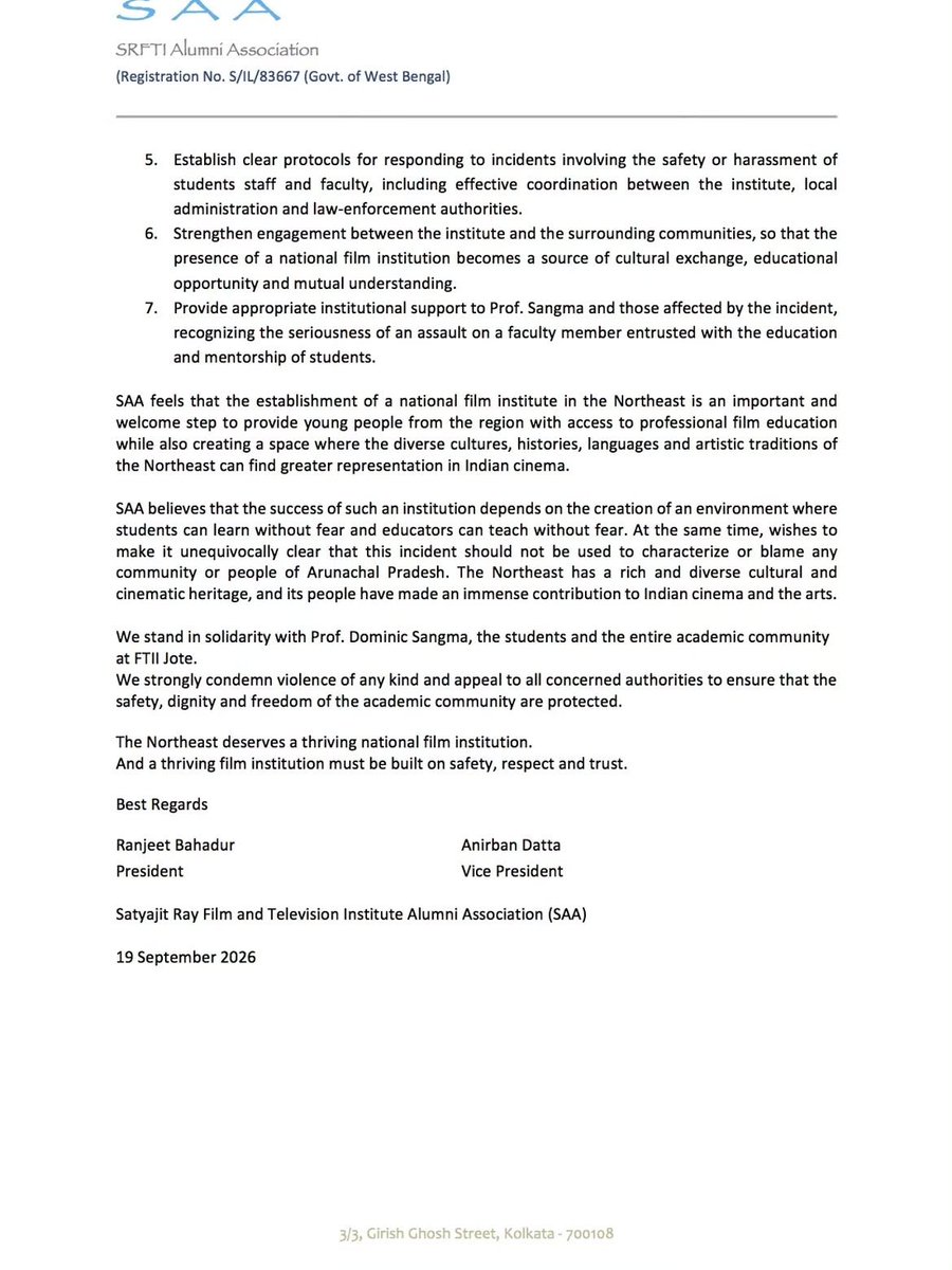 voiceofftiii's tweet photo. Thank you to the Satyajit Ray Film and Television Institute Alumni Association for standing with FTII Itanagar students and faculty and raising your voice for safety, justice, and accountability.
#FTIIItanagar #StudentSafety #FTIIProtest #AcademicHalt #CISF #WomensSafety https://t.co/hXRQl5m0mD