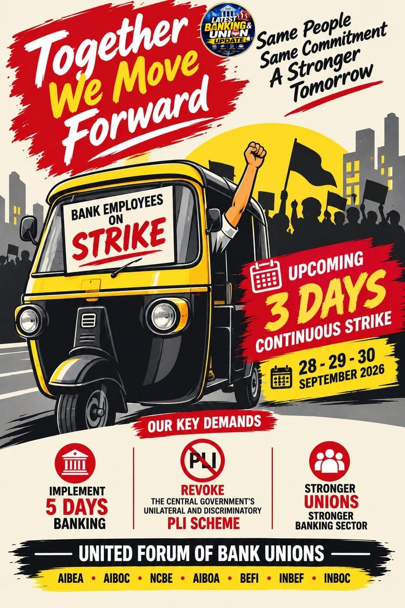 Ganesh_Chavan_'s tweet photo. The 12th BPS was agreed upon in March24, yet 5-Day Banking remains stuck in bureaucracy. Our health and weekends are not up for negotiation!It is time to show our collective strength. Get ready for the upcoming mega strikes.✊ Unity is our only strength! #UFBU #AIPNBOA https://t.co/P8WuToeQFs