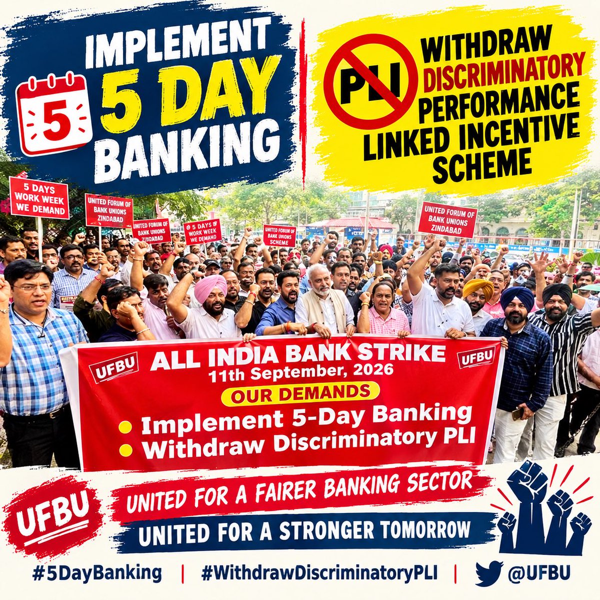 kauratarun's tweet photo. 🚩BANK EMPLOYEES DEMAND JUSTICE 🚩

✅ Implement 5-Day Banking
❌ Withdraw the Discriminatory Performance Linked Incentive Scheme
🤝 Resolve pending issues through genuine bilateral discussions

#5DayBankingNow #WithdrawDiscriminatoryPLI
#UFBU #AIBEA https://t.co/2WsMLlj3uW