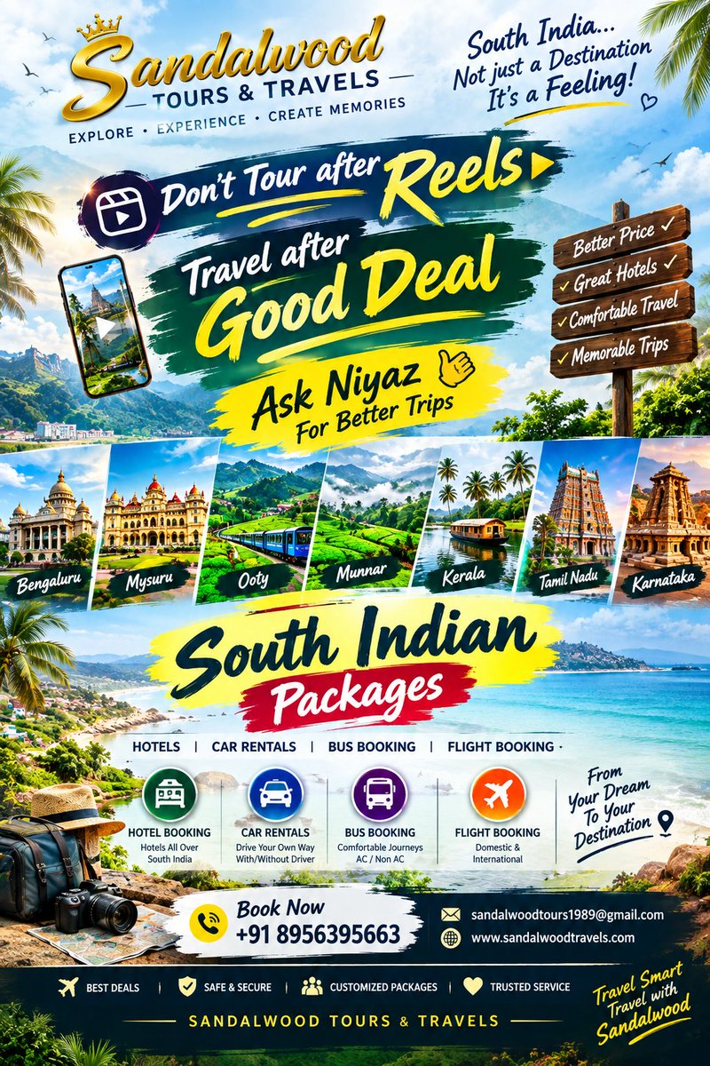 Sandalwoodtour's tweet photo. DON’T TOUR AFTER REELS.
TRAVEL AFTER A GOOD DEAL.✈️🌴
Trip plan hai? ASK NIYAZ 🤙
Better trips. Better deals. Better memories.
Sandalwood Tours & Travels
📞 +91 8956395663
🌐 https://t.co/iq7UHY0TC3
#AskNiyaz #TravelDeals #SandalwoodTours #Southindia #Kodaikanal #Ooty #Mysuru https://t.co/JcKiI1MtLz