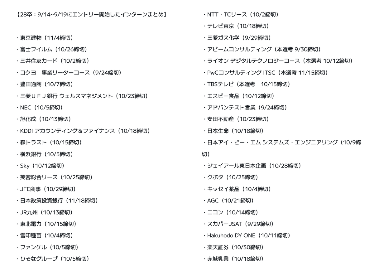 syukatsukame's tweet photo. 【28卒：9/14~9/19にエントリー開始したインターンまとめ】

・東京建物（11/4締切）
・富士フイルム（10/26締切）
・三井住友カード（10/2締切）
・コクヨ　事業リーダーコース（9/24締切）
・豊田通商（10/7締切）
・三菱ＵＦＪ銀行 ウェルスマネジメント（10/23締切）
・NEC（10/5締切）
・旭化成（10/13締切）
・KDDI アカウンティング＆ファイナンス（10/18締切）
・森トラスト（10/15締切）
・横浜銀行（10/5締切）
・Sky（10/12締切）
・芙蓉総合リース（10/25締切）
・JFE商事（10/29締切）
・日本政策投資銀行（11/18締切）
・JR九州（10/13締切）
・東北電力（10/15締切）
・雪印種苗（10/4締切）
・ファンケル（10/5締切）
・りそなグループ（10/5締切）
・NTT・TCリース（10/2締切）
・テレビ東京（10/18締切）
・三菱ガス化学（9/29締切）
・アビームコンサルティング（本選考 9/30締切）
・ライオン デジタルテクノロジーコース（本選考 10/12締切）
・PwCコンサルティング ITSC（本選考 11/15締切）
・TBSテレビ（本選考　10/15締切）
・エスビー食品（10/12締切）
・アドバンテスト営業（9/24締切）
・安田不動産（10/23締切）
・日本生命（10/18締切）
・日本アイ・ビー・エム システムズ・エンジニアリング（10/9締切）
・ジェイアール東日本企画（10/28締切）
・クボタ（10/25締切）
・キッセイ薬品（10/4締切）
・AGC（10/21締切）
・ニコン（10/14締切）
・スカパーJSAT（9/29締切）
・Hakuhodo DY ONE（10/11締切）
・楽天証券（10/30締切）
・赤��乳業（10/18締切）

情報解禁ラッシュですね。
締切ラッシュに向けて企業研究をコツコツやっていきましょう。
以下のイベントは絶対参加すべきです。

🎯大手志望が参加すべきイベント

①早期選考＆インターンシップ・ラボ type就活フェア
日程：2026年10月10日(土)09:00～17:15
開催場所：オンライン
参加企業：アクセンチュア、博報堂、P&Gジャパン、資生堂、ベイカレント、商船三井、三菱UFJ銀行、ユニ・チャーム、Salesforce、EY、三井住友信託銀行、日本政策投資銀行（DBJ）、日本銀行など

📍参加申し込み（枠が埋まり次第終了）
https://t.co/6IYZwXqRWa

②ワンキャリオンライン合説

日程：2026 10/02~10/04 
開催場所：オンライン
参加企業：日立製作所、ネスレ日本、コーセー、ハウス食品、カルビー、集英社、NHK、テレビ朝日、サイバーエージェ��ト、ANA、JAL、日鉄ソリューションズ、アクセンチュア、アビームコンサルティング、東京海上日動など

📍参加申し込み（参加には事前申し込みは必要）
https://t.co/IYlbgVdgTy

#pr